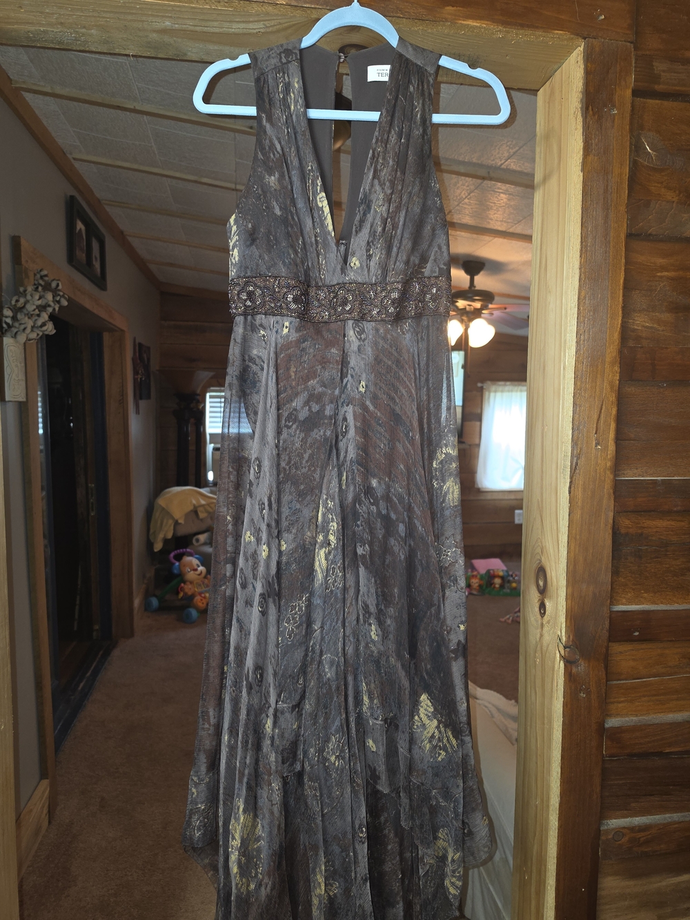 Teri Jon One-Shoulder Brown Evening Gown with Gold Accents